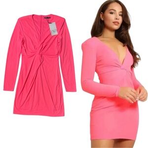 NWT Zara Barbie Pink Knotted Long Sleeve Stretchy Mini Dress Size L (M to L)